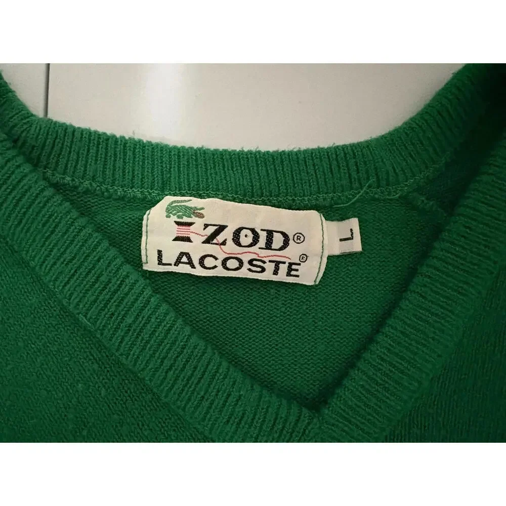 Vintage Izod Lacoste Mens Kelly Green Knit V Neck Sweater Size Large